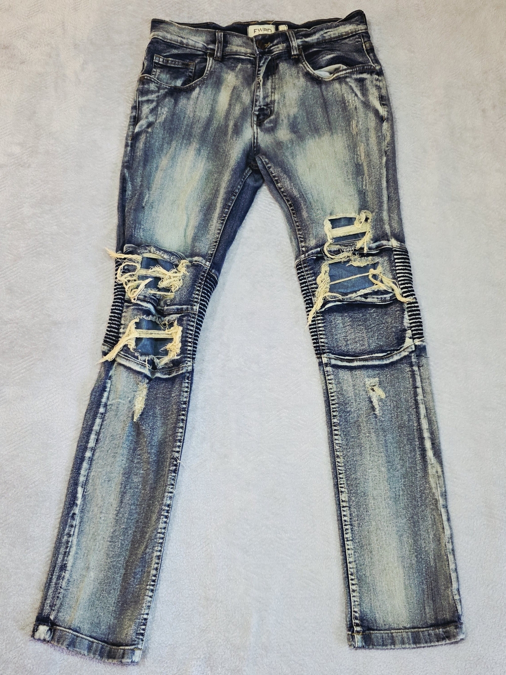 FWRD Denim Men's Stacked Moto Biker Jeans 36x34 Distressed Ripped
